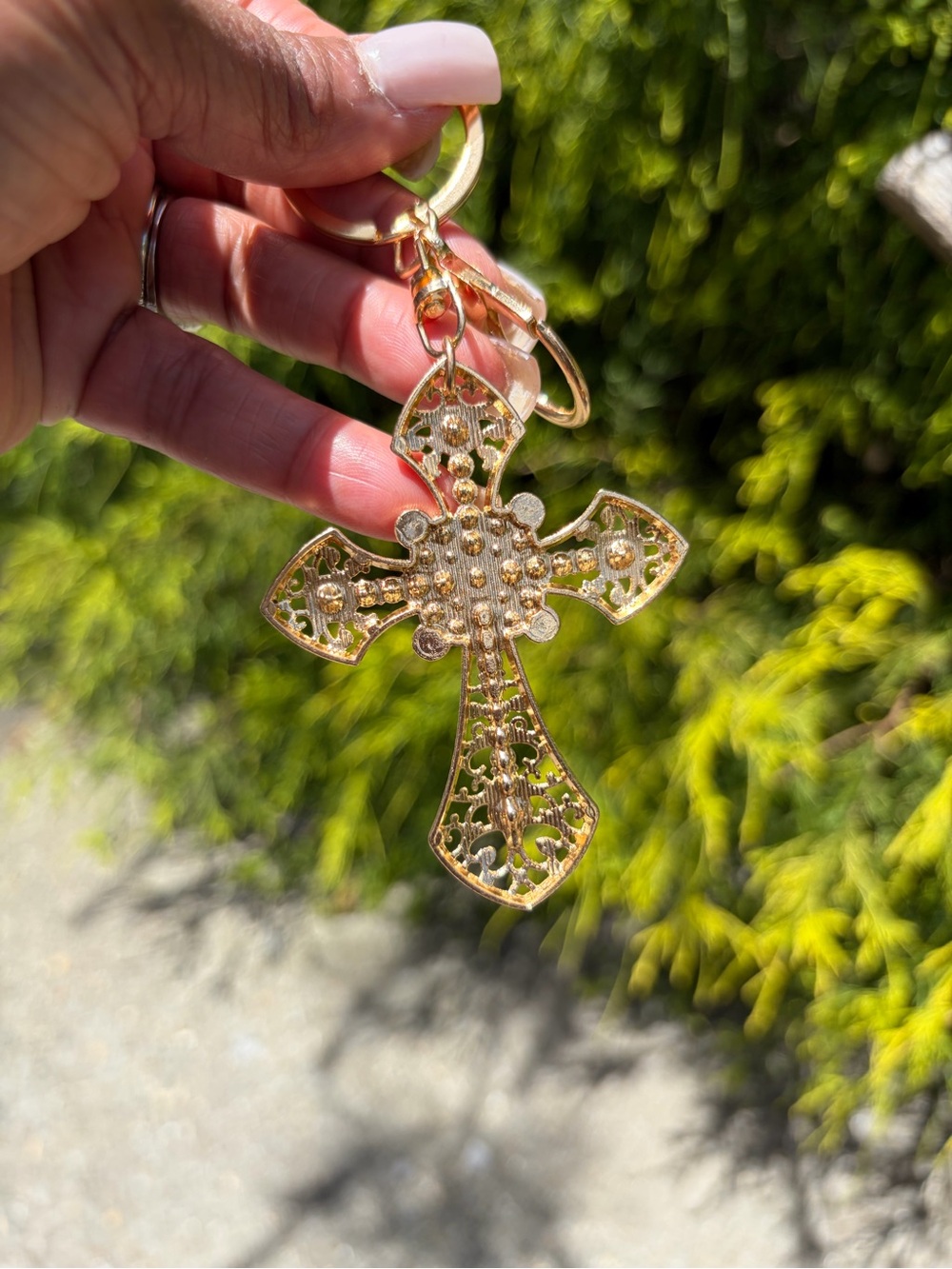 Rose Gold Cross Keychain with Crystal Accents - Picture 3 of 3